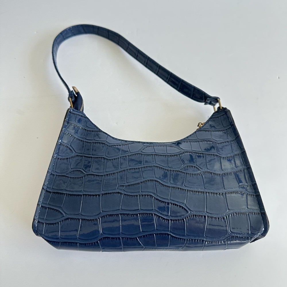 Y2K Navy Blue Croc Embossed Patent Faux Leather Shoulder Bag Going Out Party - Picture 12 of 12